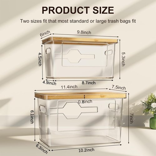 2 Pack Trash Bag Holder with Bamboo Lid, Stackable Acrylic Trash Bag Dispenser Roll Holder Under Sink, Plastic Container Garbage Bags Storage Organizer for Kitchen, Pantry, Laundry Room Organization