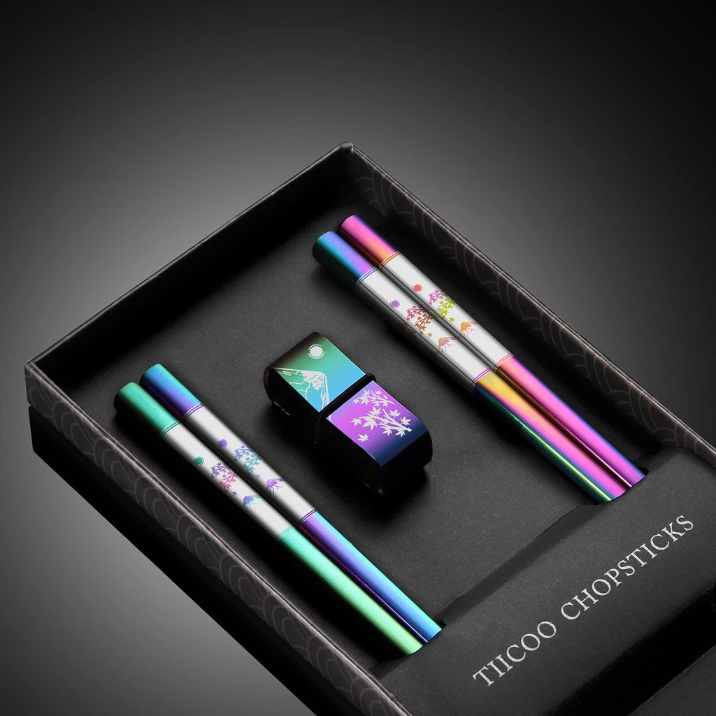 TIICOO Metal Chopsticks Reusable 2 Pairs Titanium Plated 18/8 Stainless Steel Chopsticks with Holder, Dishwasher Safe Non-Slip Japanese Style Laser Engraved Chop Sticks Gift Set (Rainbow)