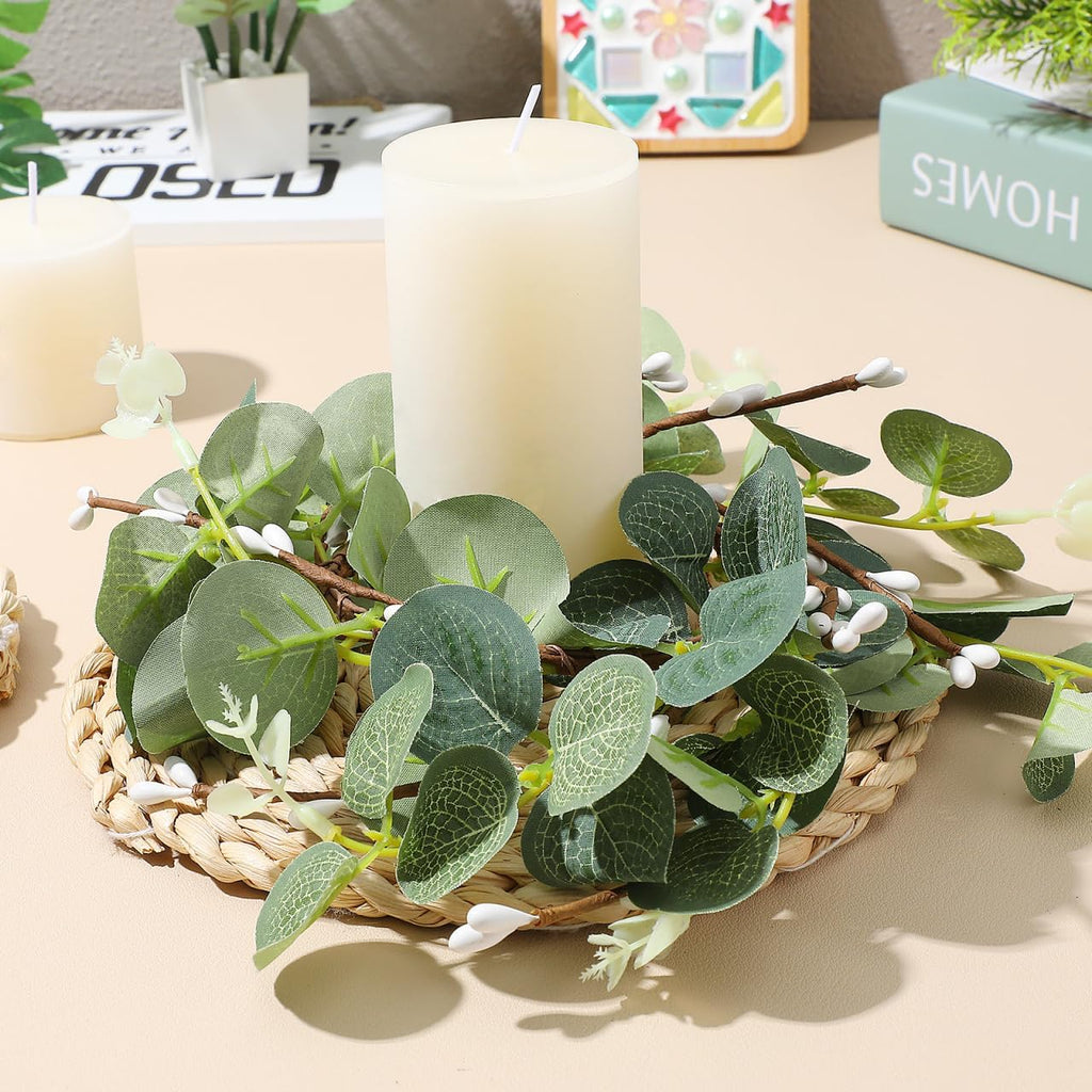 Zerodeko Easter Candle Ring Set - Eucalyptus Leaves Wreath Pillar Holders | 8cm Table Decor