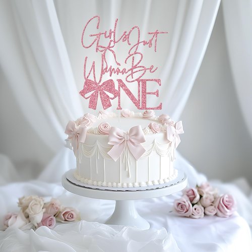 Girls Just Wanna Be One Cake Topper, Pink Bow First Birthday Cake Topper, Sweet One, Bow Girl's 1st Birthday Party Decorations Glitter