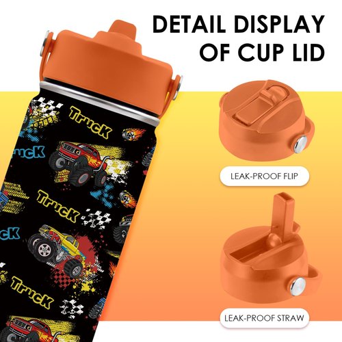 Truck Gifts for Kids - 16 Oz Kids Water Bottle with Straw Lid, Stainless Steel Insulated Tumbler, Leak Proof, BPA-Free, for Girls, School, Travel - Truck Lovers Children Birthday Gifts Cups(1pc)