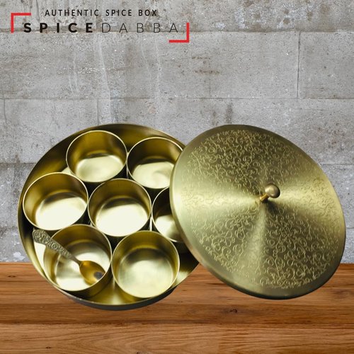 Brass Indian Spice Box, Brass masala Dabba, Brass Spice Box with 7 container & Spoon, Authentic Spices, Masala Box with Individual containers | Size 8 x 8 x 2 IN (Indian Spice Box Only)
