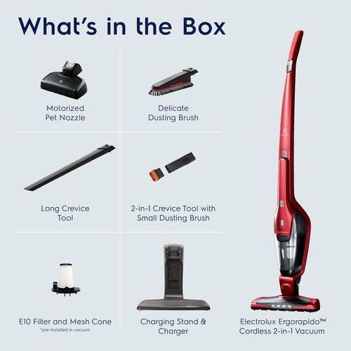 Electrolux Ergorapido Pet Cordless Vacuum Cleaner - 2-in-1 Design with Motorized Nozzle | 48-Minute Run Time, Chili Red