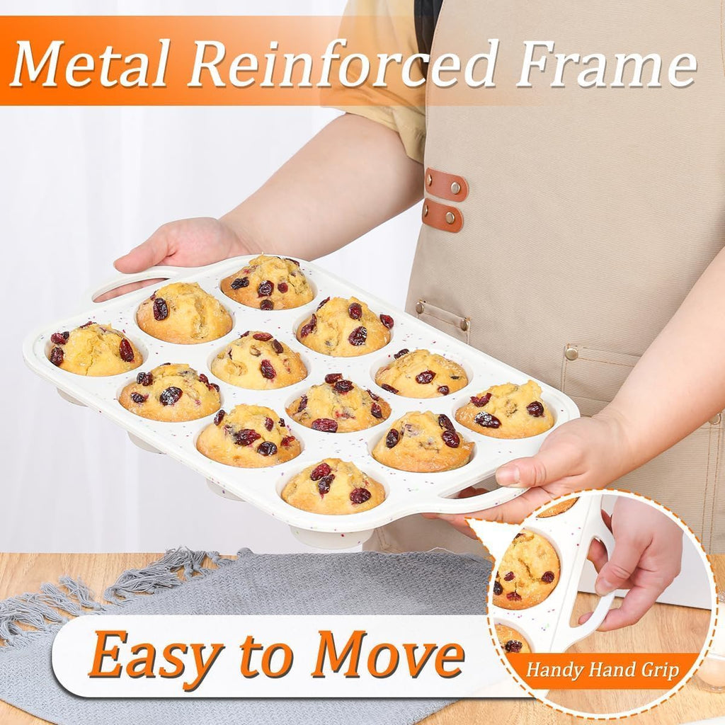 Skiennix Silicone Muffin Pans - Nonstick 12-Cup Molds with Metal Reinforced Frame | 2.8 Inch, BPA Free, Dishwasher Safe