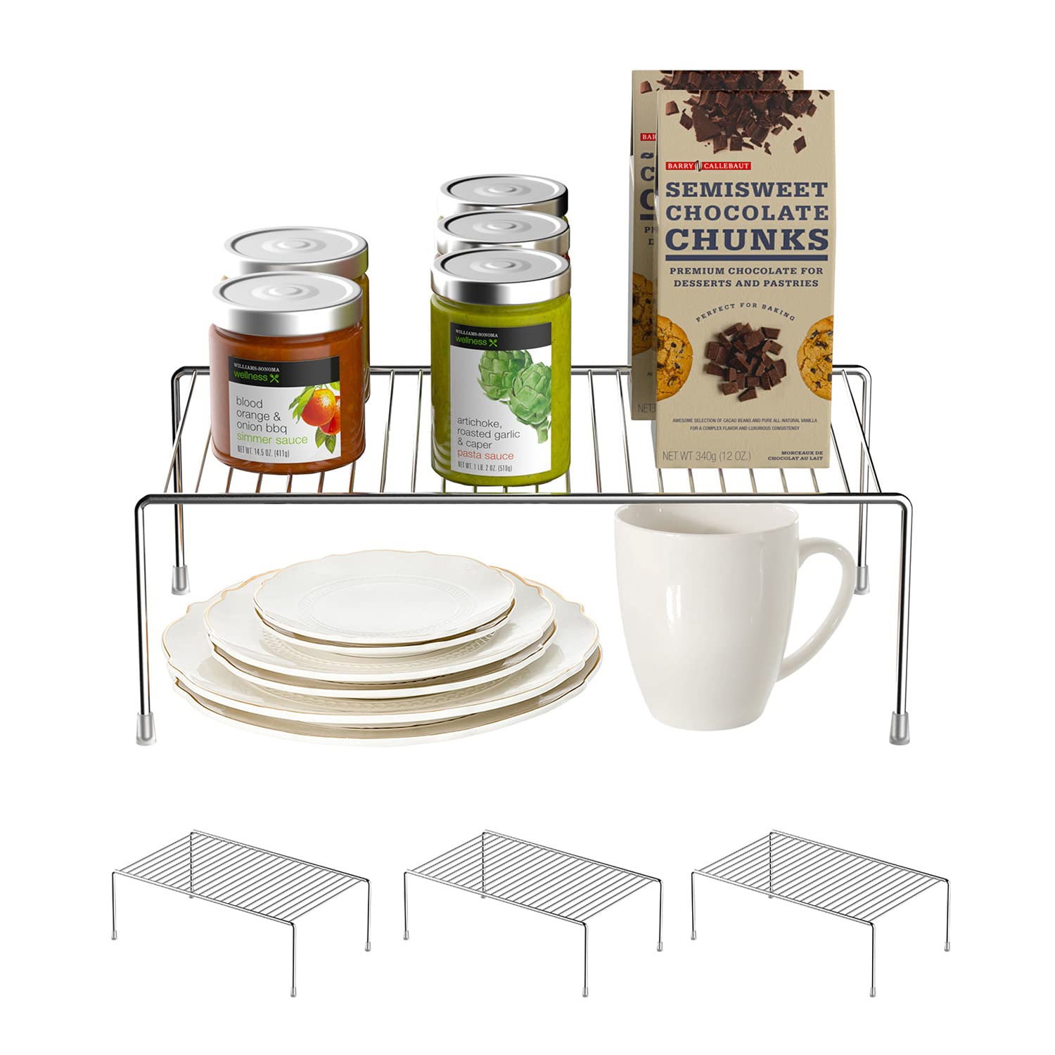 Redrubbit 4 Pack Medium (13 x 9.4 Inch) Cabinet Storage Shelf Rack, Rustproof Metal Kitchen Counter and Cabinet Shelf, Storage Rack Organizer for Kitchen, Fridge, Cabinet, Bathroom, Chrome