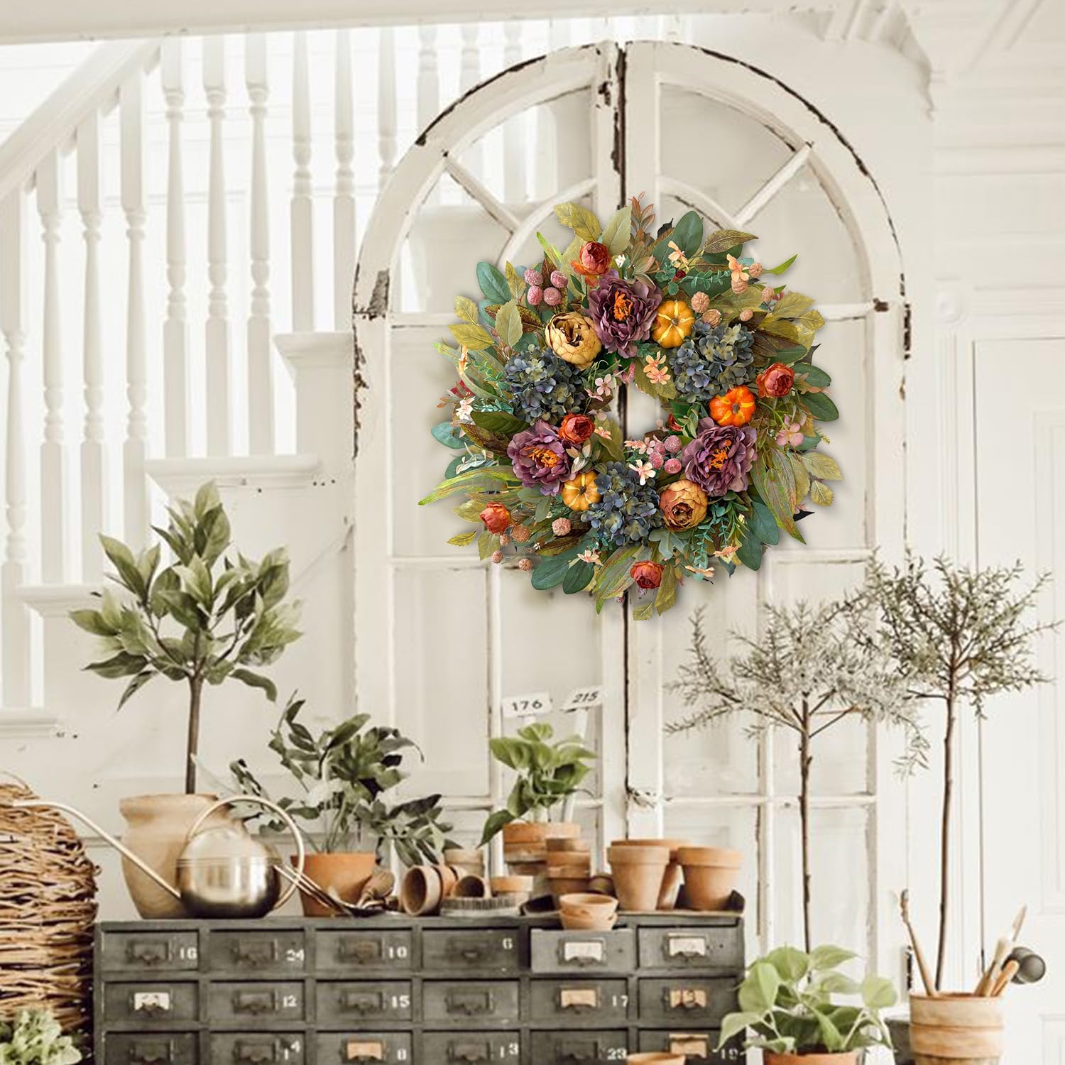 WANNA-CUL 24 Inch Fall Wreath - Blue Hydrangea & Purple Peony | Autumn Door Decoration