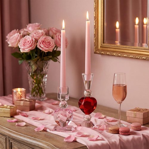 Reallnaive 2 Pcs Heart Cut Glass Candle Holders Valentine's Day Decorative Candlestick Holders 6.7" 8.9" Tapered Candle Stand Wide Base Table Centerpiece Decor for Wedding Christmas Holiday Decoration