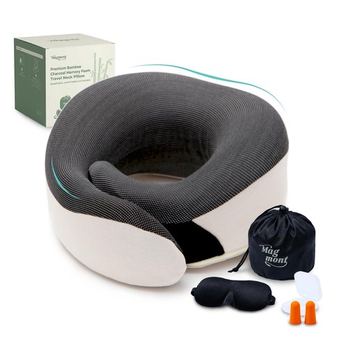 Magmont Neck Pillow for Traveling - Bamboo Charcoal Memory Foam with 360° Chin Support for Airplane, Soft & Breathable, Seamless Design, Removable Cover, Travel Accessories Included