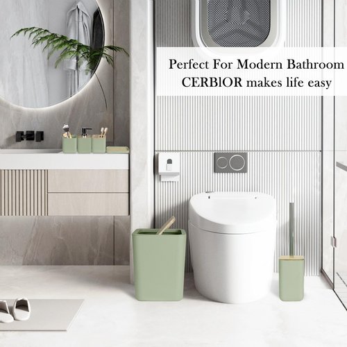 CERBIOR Bathroom Accessories Set 6 Piece Bamboo Bath Ensemble Includes Soap Dispenser, Toothbrush Holder, Toothbrush Cup, Soap Dish for Decorative Countertop and Housewarming Gift (Green)