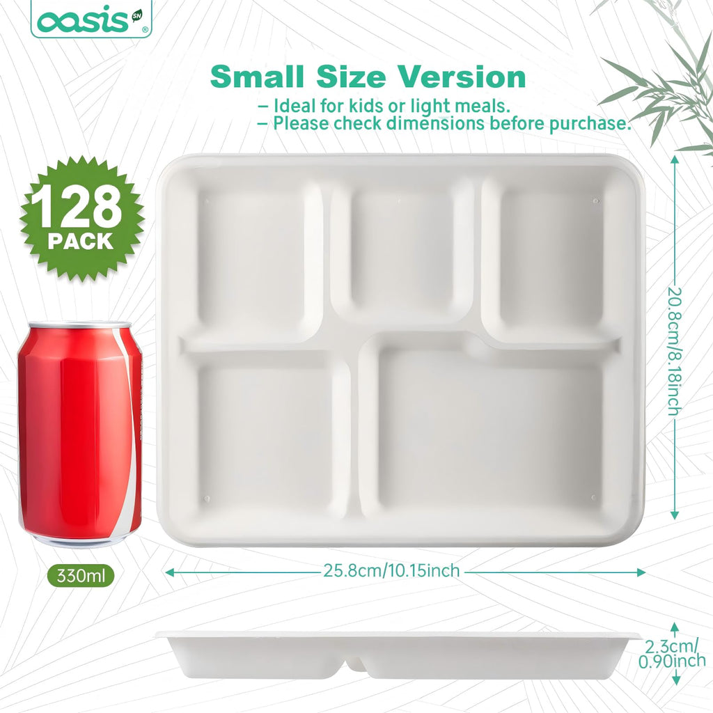 OasisSN 10x8 128-Pack 5-Compartment Divided Plates, Ideal for Light Meals, Kids Lunch, Meal Prep & Party, Heavy Duty Compostable Bagasse Plates, Microwave Safe, White