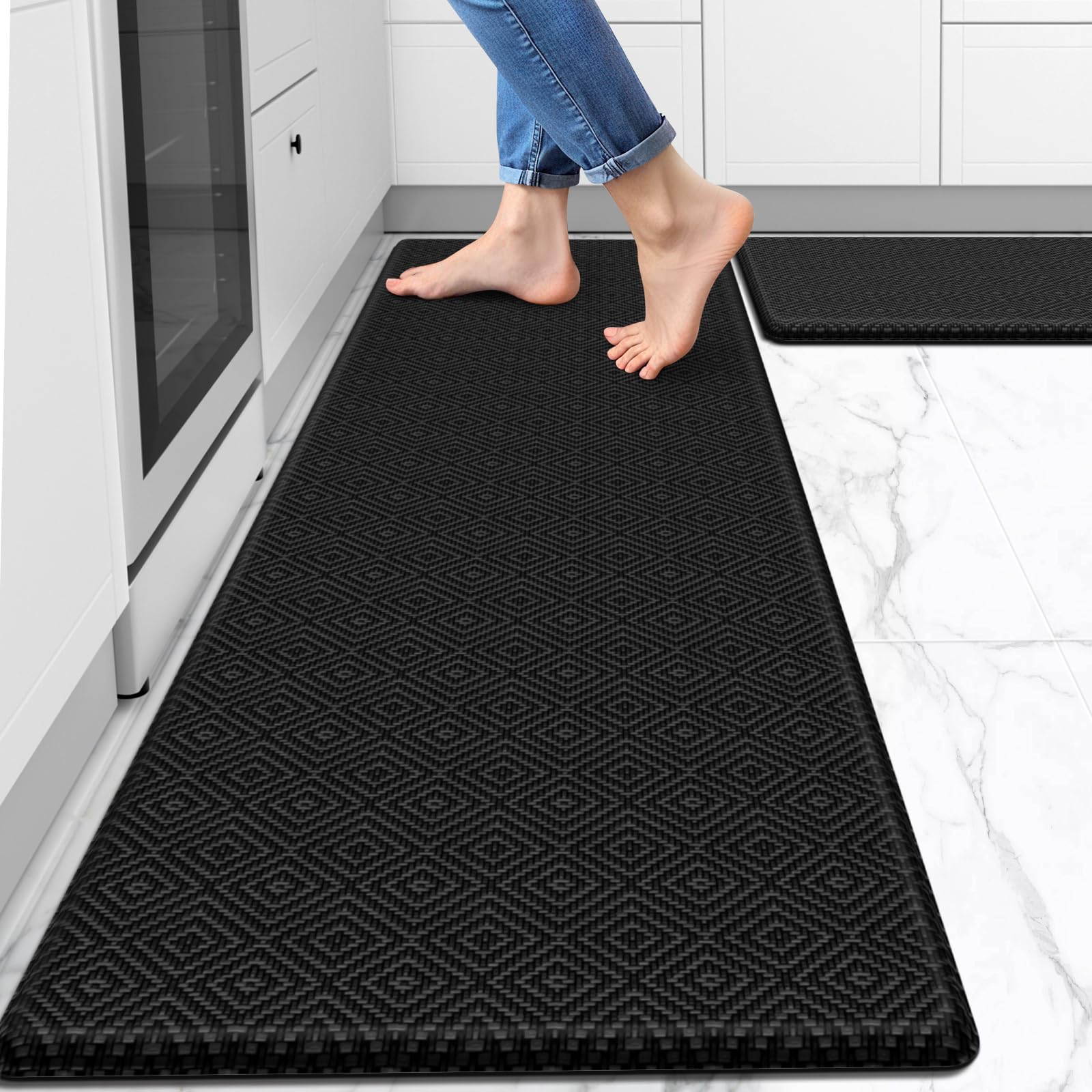 Mattitude Kitchen Mat 2PCS Kitchen Rugs Cushioned Anti-Fatigue Rug Waterproof Standing Desk Mat Kitchen Mats for Floor Kitchen Rug Set for Kitchen, Sink, Office 17.3"×30"+17.3"×59"-0.47inch Black