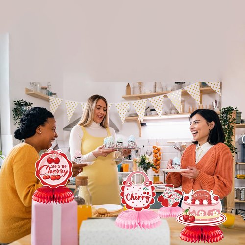 Refavor Cherry Baby Shower Decorations for Girls, 9PCS She's the Little Cherry Theme Honeycomb Centerpieces Decor, Cherry Welcome Baby Party Table Decoration Supplies Kids