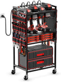 JUNNUJ Power Tool Organizer Cart - Heavy-Duty Rolling Storage with Charging Station & 8 Outlet Power Strip - Red