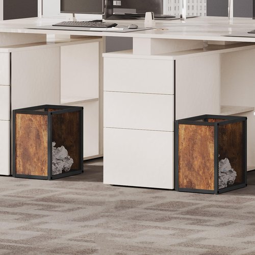 YATINEY Office Trash Can, 4 Gallon Garbage Can, Metal Wastebasket with Wood-Look Panels, Industrial Style Trash Can for Office, Study, Rustic Brown and Black WB03BR