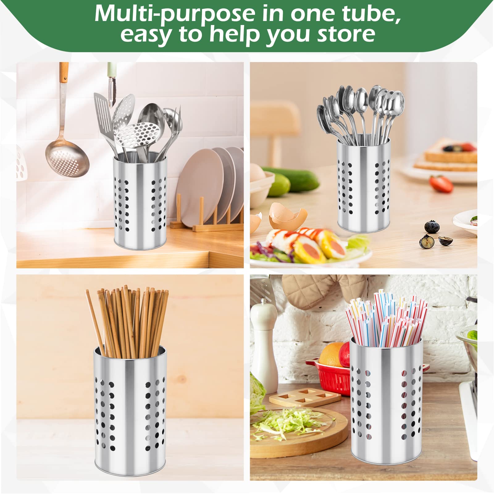 EORTA Stainless Steel Kitchen Utensil Holder Flatware Cylinder Silverware Draining Organizer Drying Rack with Round Drain Holes for Forks, Knives, Spoons, Chopsticks, Medium