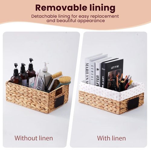 rectangular hyacinth wicker baskets with liners for storage, kitchen, laundry 12x9x5 iNCHES (Natural, 12x9x5 Inches)