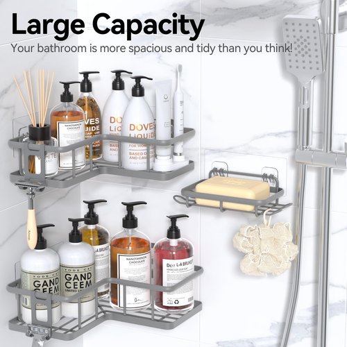 YASONIC Shower Caddy Corner, 3-Pack Adhesive Rustproof Stainless Steel Shower Shelves with Soap Holder, No Drilling Shower Organizer Corner for Dorm, Renters Bathroom, Grey