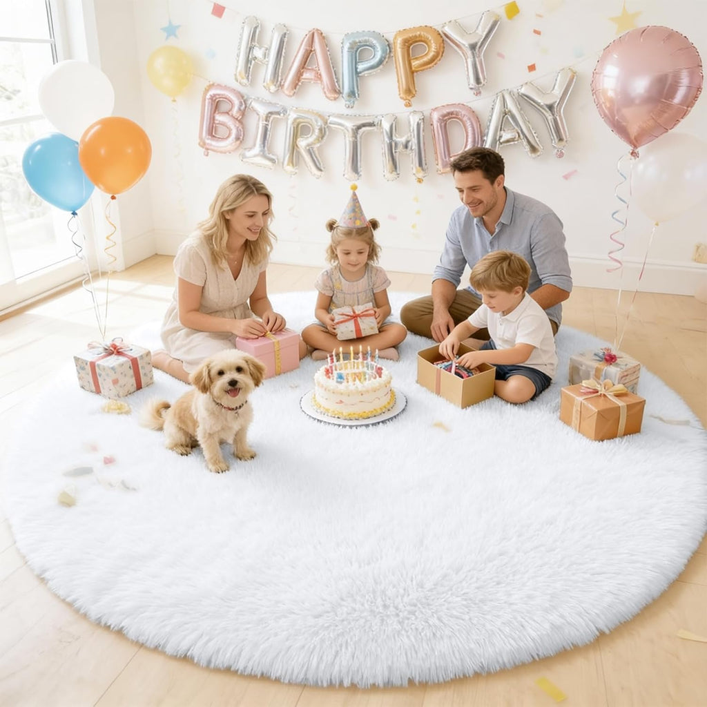 OLANLY White Round Area Rug - Soft, Fluffy, Machine Washable 7 ft Circle Carpet for Bedroom & Living Room Decor