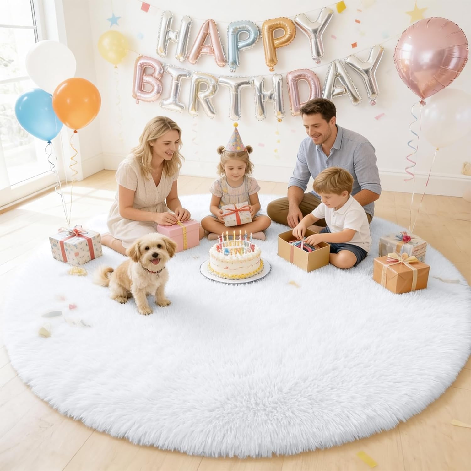 OLANLY White Round Area Rug - Soft, Fluffy, Machine Washable 7 ft Circle Carpet for Bedroom & Living Room Decor