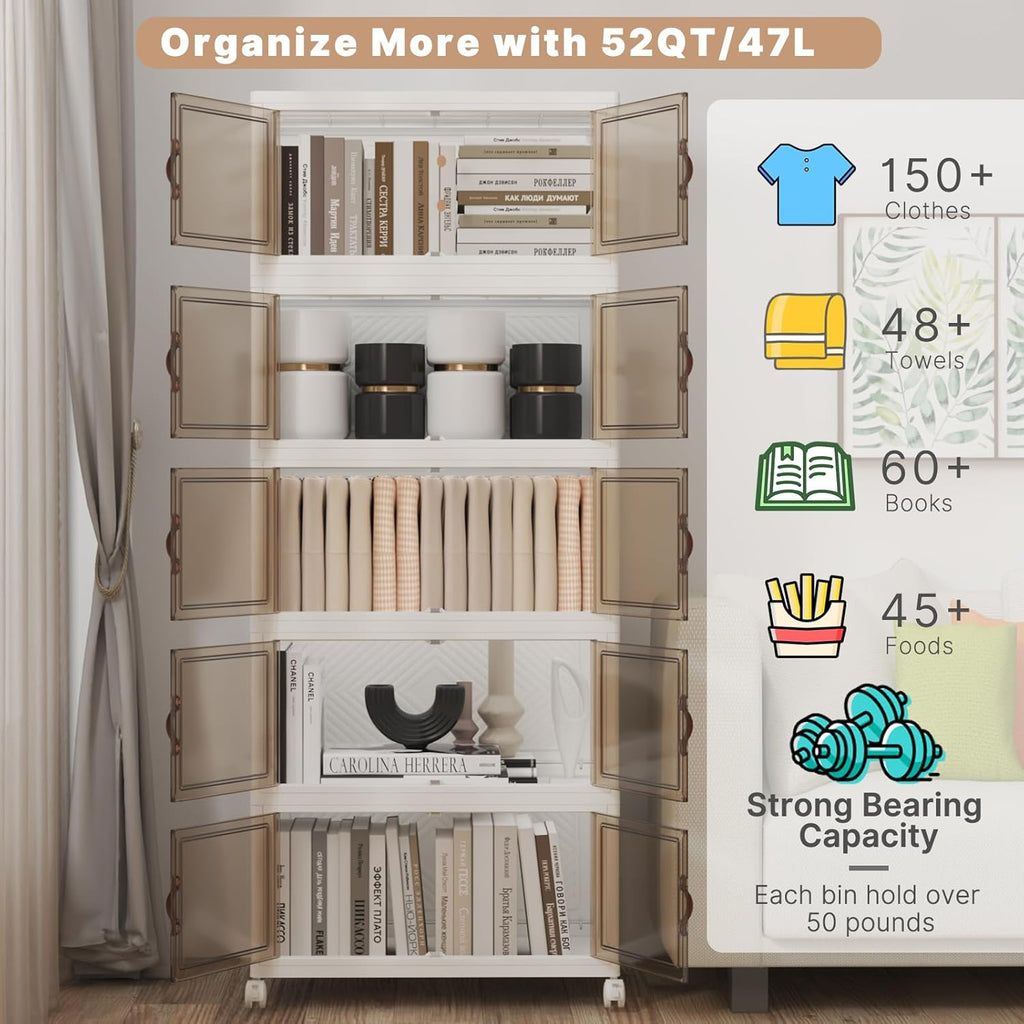 UAMFURI Stackable Storage Bins - 5-Pack Collapsible Plastic Organizers with Lids & Wheels | 240QT & 48QT Sizes