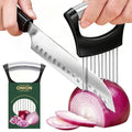CNTVO Onion Holder for Slicing, Stainless Steel Onion Slicer, Onions Slicer Holder with Protective Cover, Multi-Use Vegetable Chopper for Onions Tomatoes Avocados Potato Eggs Kiwifruit Meat Lemon