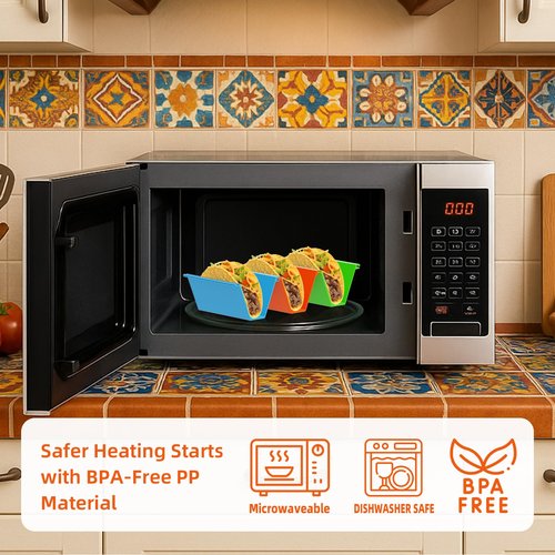 SanmChuf Microwave Safe Taco Holder Set of 6, Colorful Taco Holder Set 2 Sauce Cups, Connectable & Stackable Plastic Taco Stands, Microwave & Dishwasher Safe, Great for Family Meals & Taco Nights