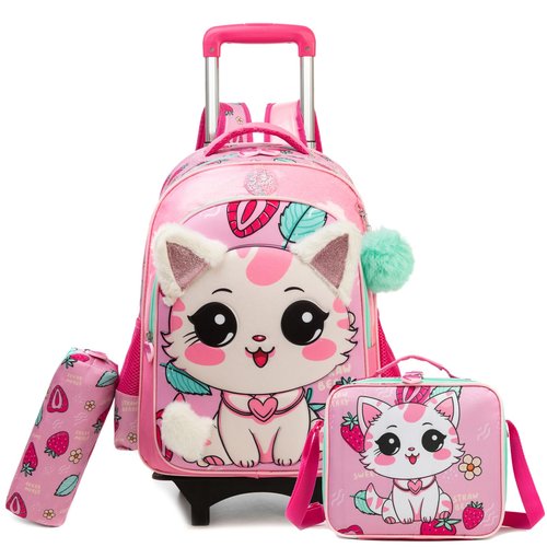 Egchescebo Kids Rolling Plush cat Backpack for Girls Trolley Suitcases Luggage Travel with Wheels Detachable Wheeled 17" 3PCS Roller Backpacks Set Toddler Back Pack School Bags for Elementary Pink