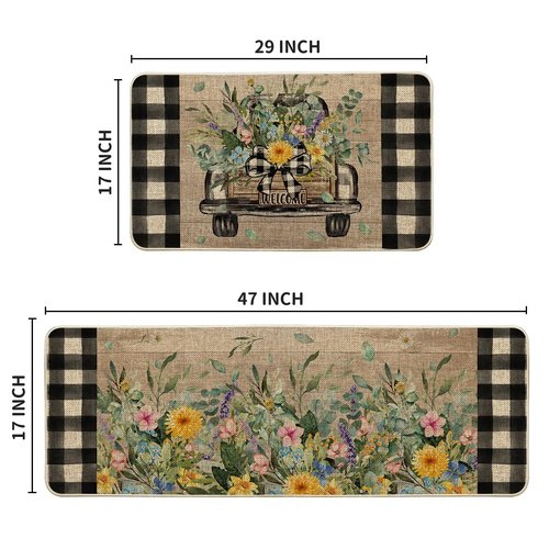 Artoid Mode Truck Flowers Spring Kitchen Mats Set of 2, Summer Home Decor Low-Profile Kitchen Rugs for Floor - 17x29 and 17x47 Inch