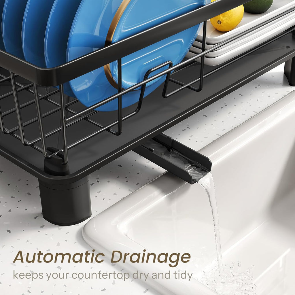 SNTD Dish Drying Rack - Space-Saving Stainless Steel Kitchen Dish Drainer with Utensil Holder | 11" W x 15" L (Black)