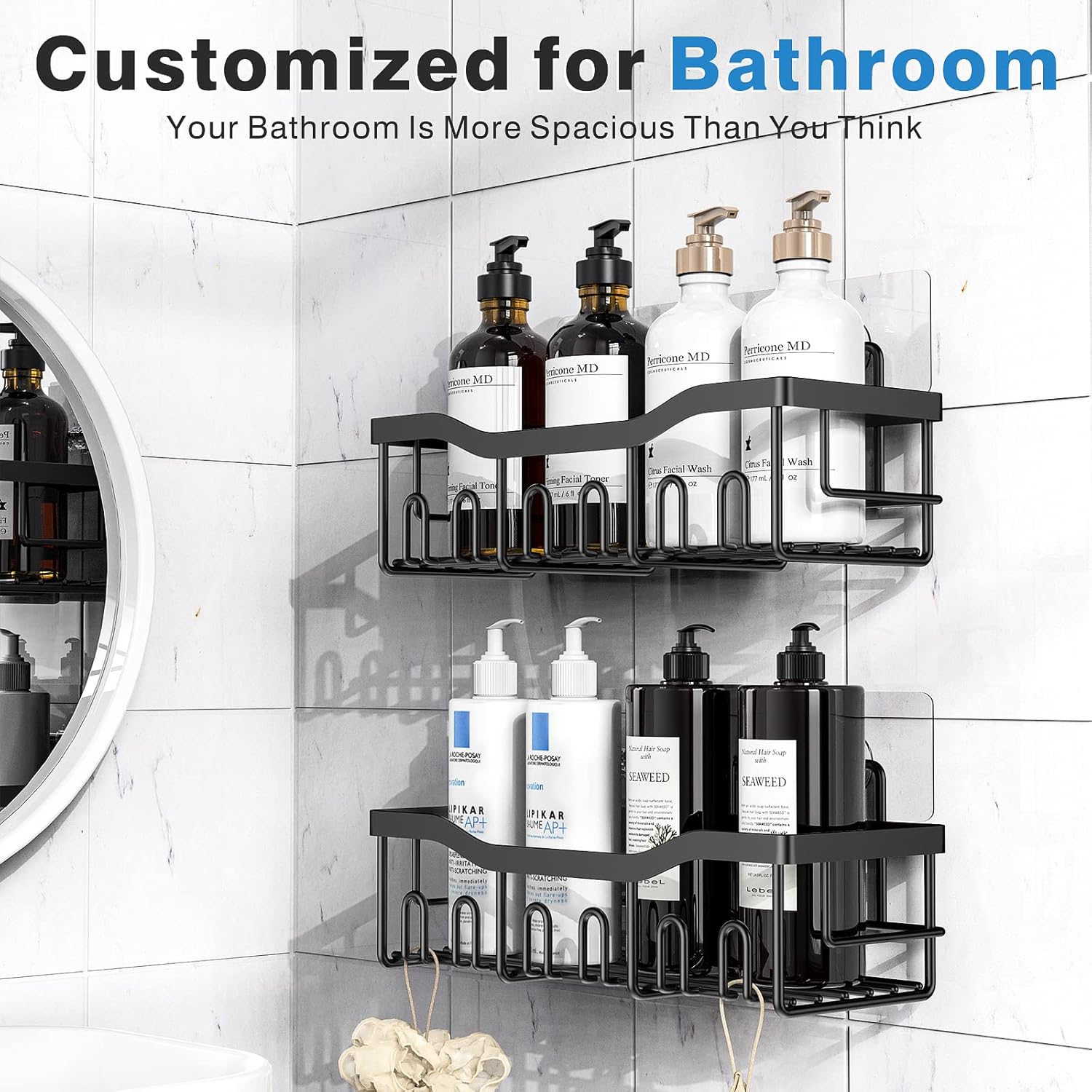Skiennix Shower Caddy - Adhesive Bathroom Organizer with Large Capacity | Rustproof Stainless Steel, No Drilling