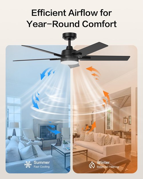 Geinself Ceiling Fans with Lights 52 Inch, Black Smart Ceiling Fan Compatible with Alexa/App/Remote Control, 5 Two-Sided Blades, Ultra Silent Reversible DC Motor LED fan for Bedroom, Living Room
