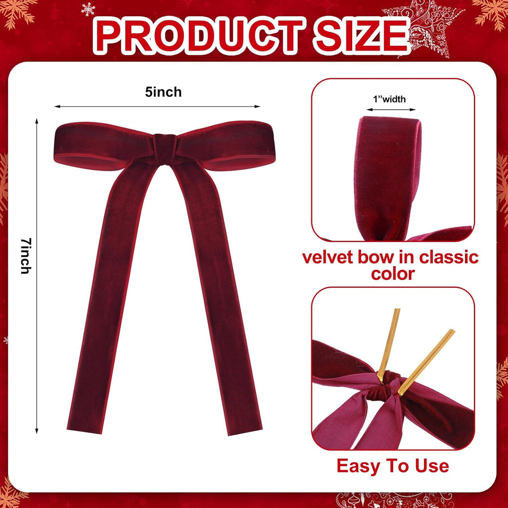 Skiennix Velvet Bows - 24 Pcs Vintage Ribbon for Christmas Tree & Crafts | Burgundy, 5 x 7 Inch