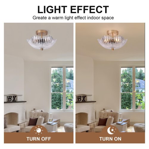 wochos Semi Flush Mount Ceiling Light, Vintage Scalloped Lamp with Clear Glass Shade Lighting for Kitchen Bedroom Hall Living Room Hallway Close to Ceiling Light Fixture