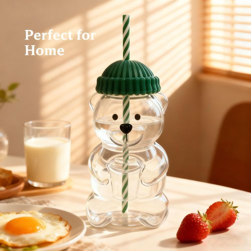 gaulofo 20oz Bear-Shaped Glass Cup, Cute Reusable Glass Tumbler with Lid and Straw for Coffee, Milk Tea, Birthday & Holiday Gift (Green)