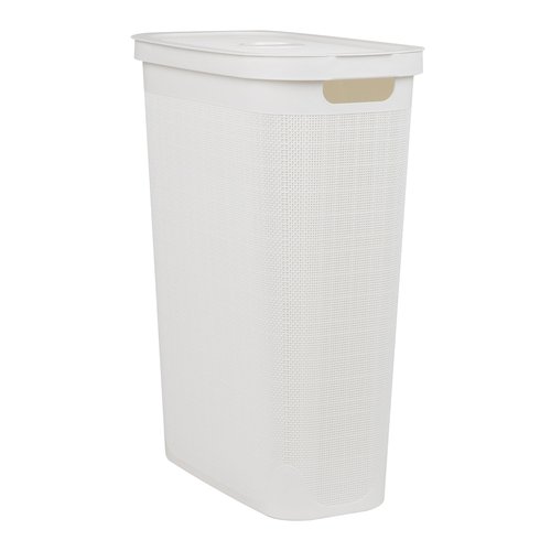 Mind Reader Slim Laundry Hamper with Lid, 40L Clothes Basket, Linen Design, Plastic, White