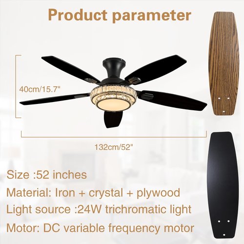 Fanyank Ceiling Fans with Lights-Crystal Ceiling Fan,52" Low Profile and Remote Control, Flush Mount, Reversible, 3CCT, Dimmable, Noiseless, Black Ceiling Fan for Bedroom