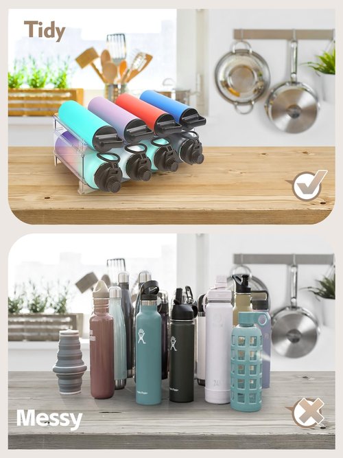 TIDY SAVANT Water Bottle Organizer - 2 Pack Clear Stackable Storage Rack for Stanley Yeti and Other Tumblers - 2 Tier Wine Rack Holds 8 for Kitchen Cabinets