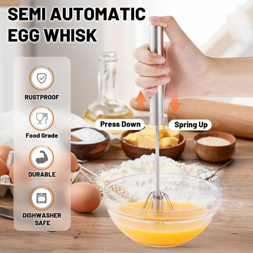 2026 Upgraded Semi-Automatic Stainless Steel Egg Beater – Hand Push Whisk for Baking, Cooking & Stirring – Perfect for Whisking Eggs, Batters & Creams – Effortless Mixing for Quick, Smooth (12in)