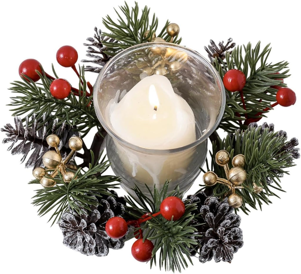 Skiennix Christmas Candle Rings - Elegant Gold & Red Floral Wreaths with Pinecones | Set of 2