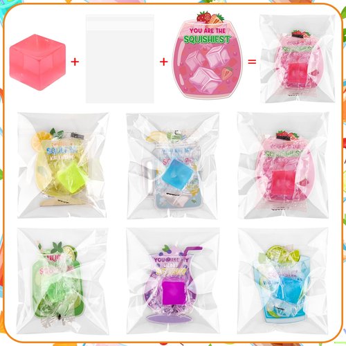 Lemicin 24 Pack Valentines Day Ice Cube Shaped Squeeze Balls with Drink Cards Stress Relief Squeeze Fidget Toys Exchange Gift for Kids Teens Adults Classroom Valentines Cards Party Favors