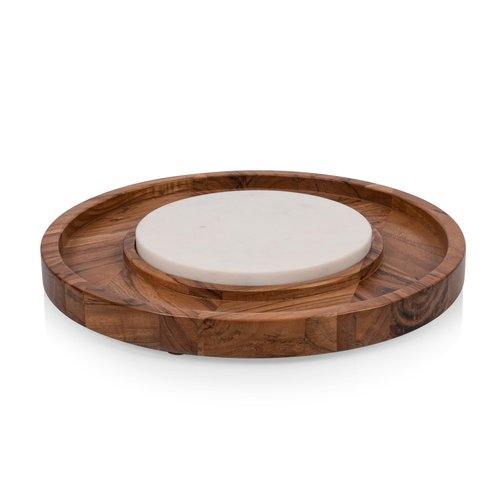 PICNIC TIME Isla Serving Platter with Marble Cheeseboard Insert, Acacia Wood Charcuterie Board Set, Round Serving Chopping Tray, (Acacia Wood with Marble)
