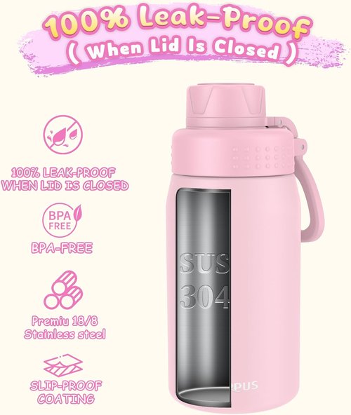 GOPPUS Kids Water Bottle - 15oz Stainless Steel Insulated, Leakproof & BPA Free - Pink for School
