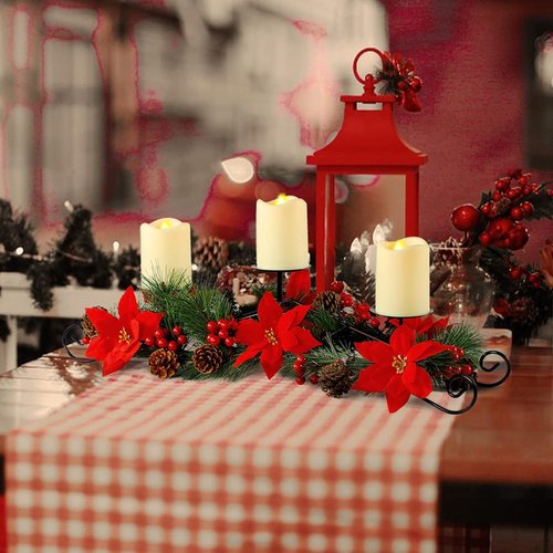 MorTime Christmas Centerpiece - 3 Candle Holders with Red Flowers, Berries & Pinecones | Indoor Holiday Decor