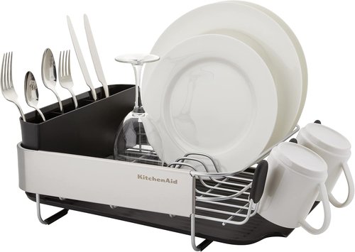 KitchenAid Dish Rack - Compact, Rust Resistant Design with Removable Caddy & Self-Draining Drainboard | 16.06-Inch, Black