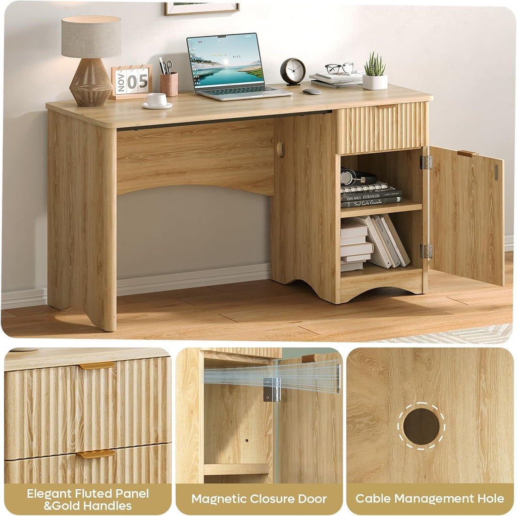 Bestier 47-Inch Fluted Computer Desk - Modern Wood Office Desk with Drawer & Storage Cabinet in Natural Oak