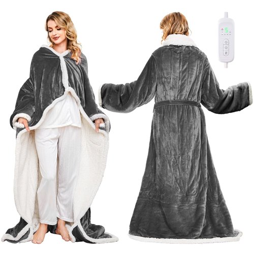 Electric Heated Blanket - Wearable Heated Blanket Throw with Foot Pockets, Sleeves Flannel & Sherpa Wearable Blanket 8 Heating Levels & Timer Snuggle Blankets for Home Office -50*60" Robes for Women