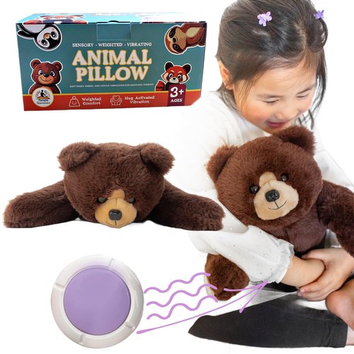 Lunapuer Bear Sensory Weighted Vibrating Pillow, Pressure Activated for Kids Adults, Plush Minky Soft Size: 11 by 20 inches Pillow Animal, Calming Therapy for Focus and Balance for Gift Birthday