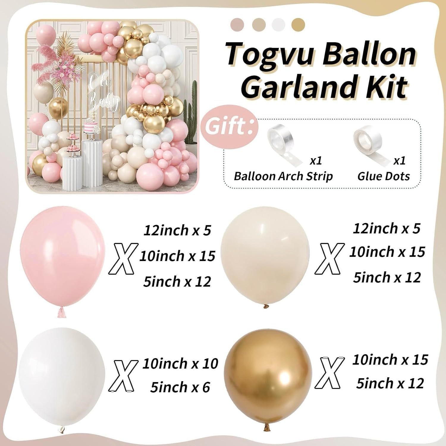 Skiennix Pink Beige Gold Balloon Garland Arch Kit - 109 Pieces Blush Pastel Balloons for Birthday & Wedding Decor