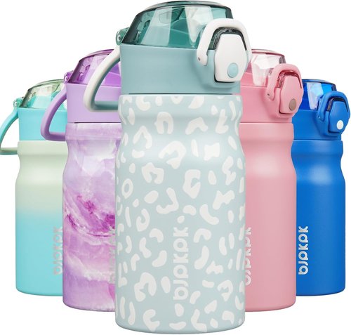BJPKPK Insulated Water Bottle - 14oz Stainless Steel Flask with Straw & Leak-Proof Lid | Light Blue Leopard