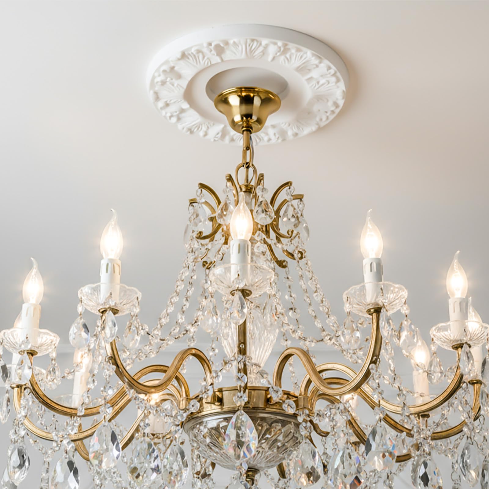 PercyEffie 2 Pcs Ceiling Medallion Molded Vintage White Carved Flower PU Medallions for Light Fixtures and Ceiling Fans Decorative Victorian Floral Design